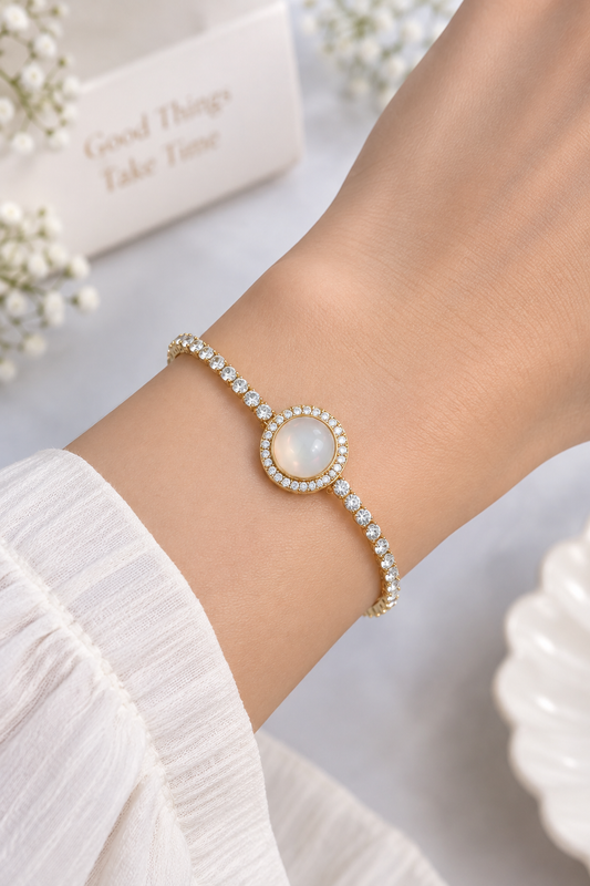 Moonstone Halo Tennis Bracelet- 18K Gold Plated Anti Tarnish Bracelet