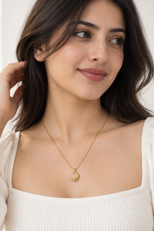 The Orbital Crescent Pendant — Polished Gold Moon Necklace with Solitaire Accent