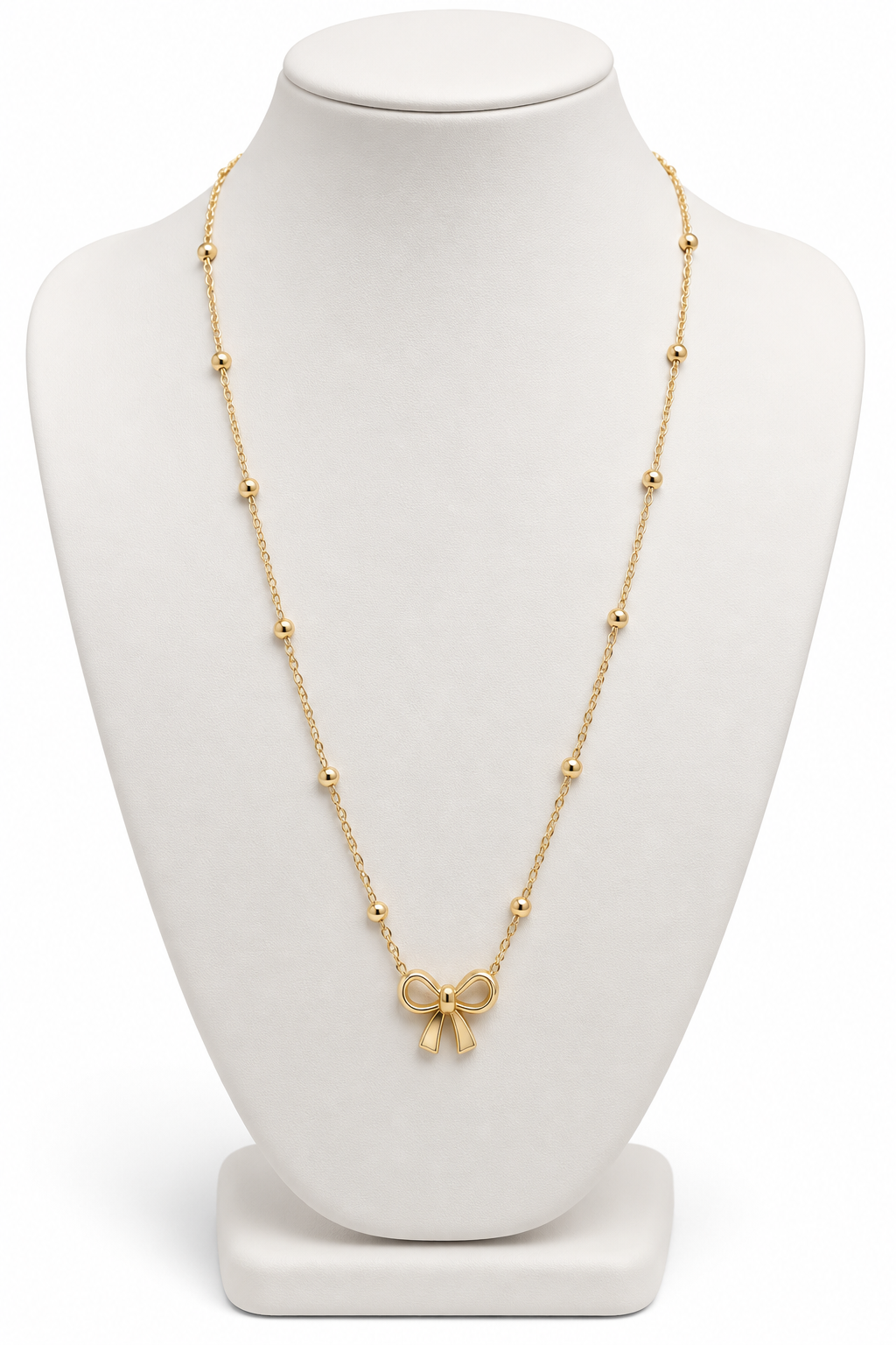 Minimalist Gold Ribbon Bow Necklace with Beaded Satellite Chain
