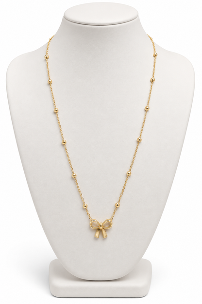 Minimalist Gold Ribbon Bow Necklace with Beaded Satellite Chain