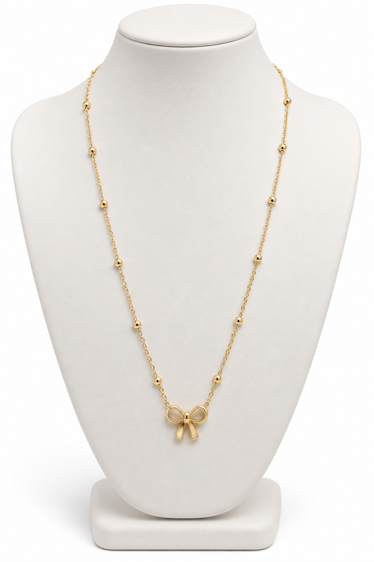 Minimalist Gold Ribbon Bow Necklace with Beaded Satellite Chain