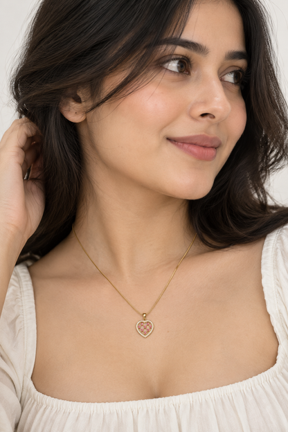 Gold-Tone Openwork Lattice Heart Pendant Necklace with Pink Accents