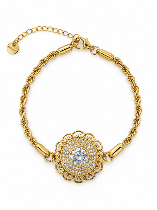 Vintage Filigree Clear Crystal Medallion Bracelet on Gold Twisted Rope Chain