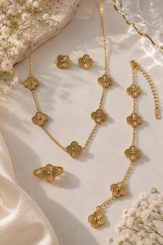 Clover Motif 4-Piece Jewelry Set: Gold-Tone Necklace, Bracelet, Earrings, and Ring Combo