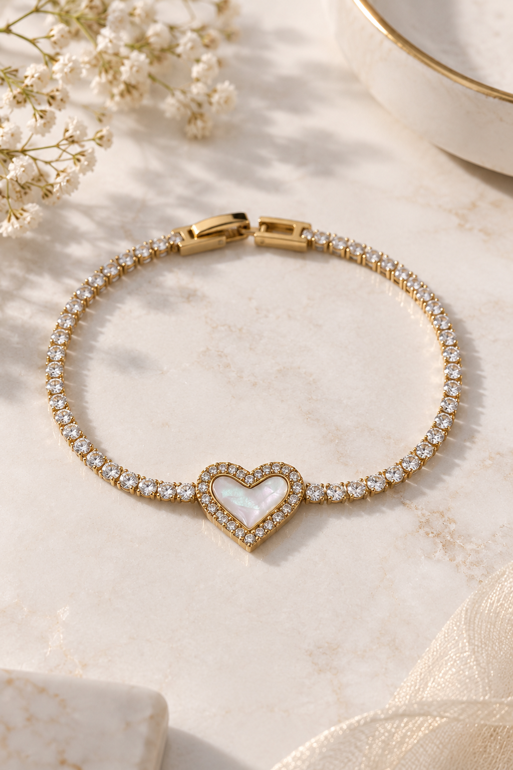 Golden Aurora Mother-of-Pearl Heart Tennis Bracelet