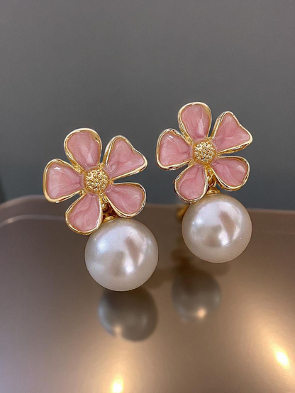 Sakura Kisses - Blush Petals & Pearls Small Korean Earrings