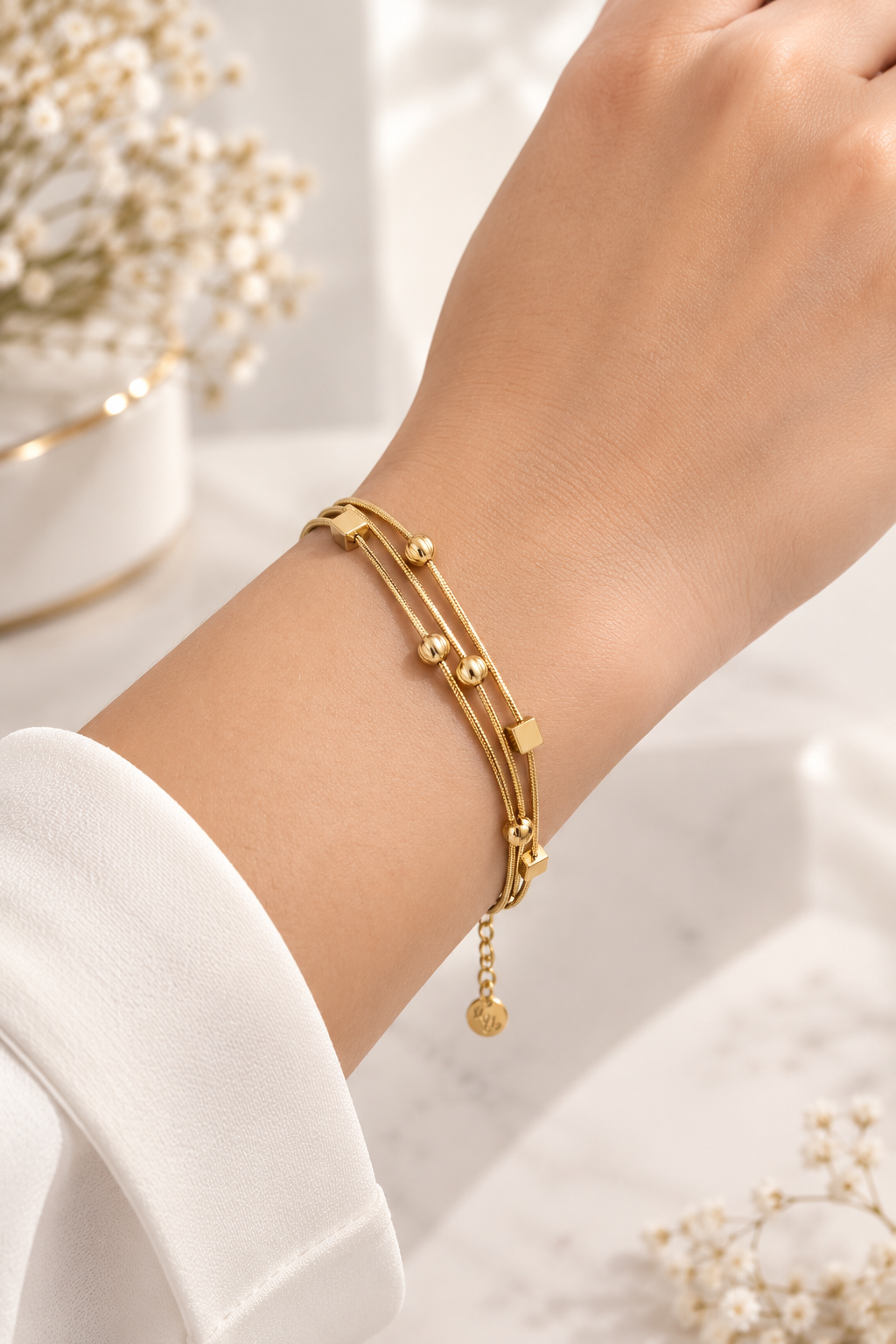 Triple-Strand Gold Bracelet with Beaded & Square Accents
