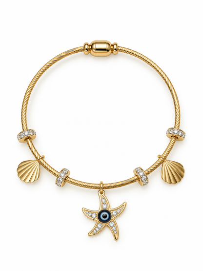 Tidal Starfish & Shell Evil Eye Charm Bangle- Anti Tarnish 18K Gold Plated Stainless Steel Bracelet