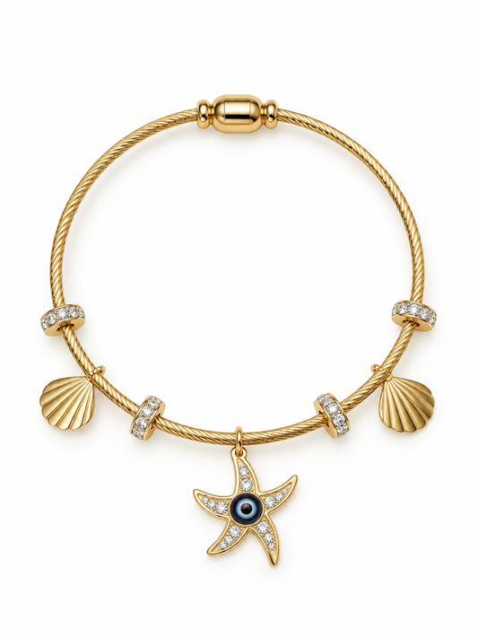 Tidal Starfish & Shell Evil Eye Charm Bangle- Anti Tarnish 18K Gold Plated Stainless Steel Bracelet