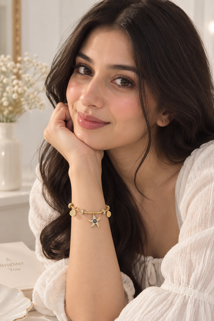 Tidal Starfish & Shell Evil Eye Charm Bangle- Anti Tarnish 18K Gold Plated Stainless Steel Bracelet