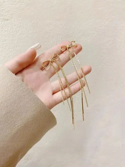 Golden Bow Tassels Korean Long Earrings