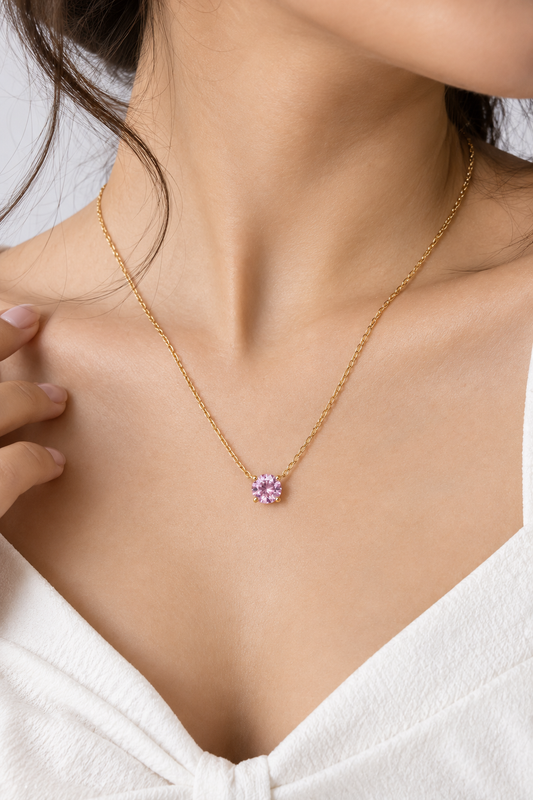 Blush Pink Solitaire Pendant on Delicate Gold Chain