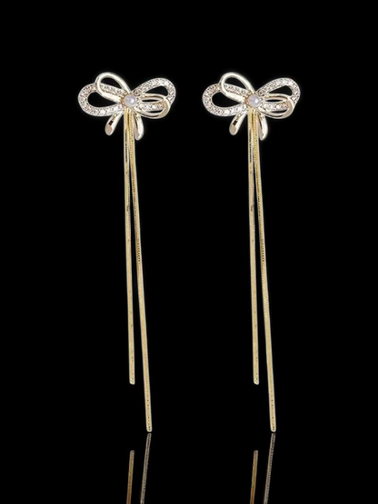 Golden Bow Tassels Korean Long Earrings