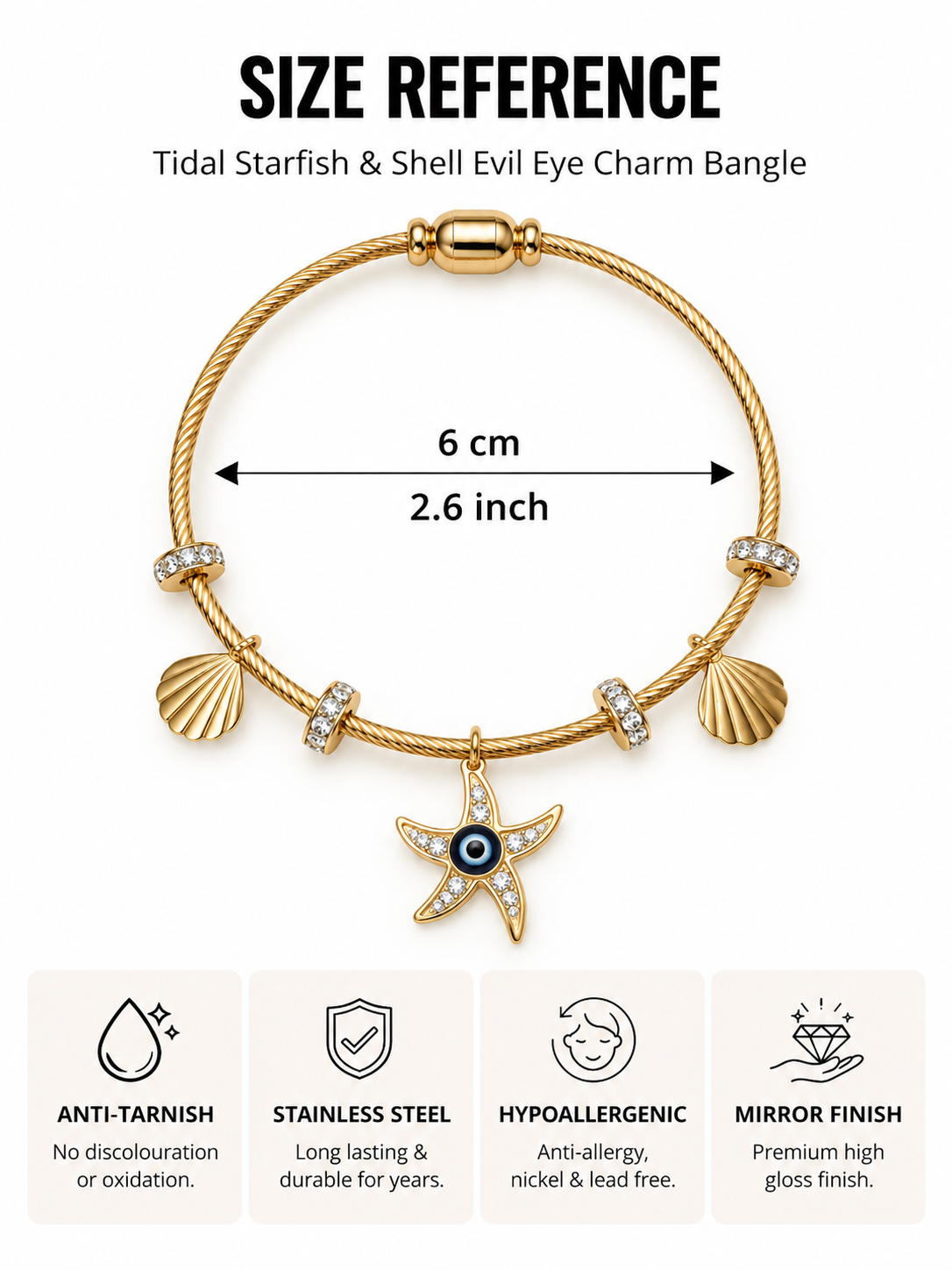 Tidal Starfish & Shell Evil Eye Charm Bangle- Anti Tarnish 18K Gold Plated Stainless Steel Bracelet