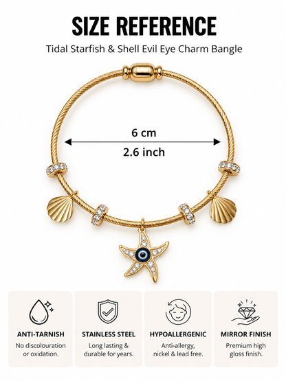 Tidal Starfish & Shell Evil Eye Charm Bangle- Anti Tarnish 18K Gold Plated Stainless Steel Bracelet