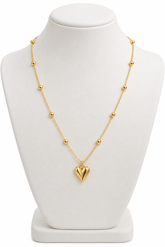 High-Polish Vesper Heart Pendant on Beaded Snake Chain