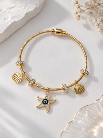 Tidal Starfish & Shell Evil Eye Charm Bangle- Anti Tarnish 18K Gold Plated Stainless Steel Bracelet