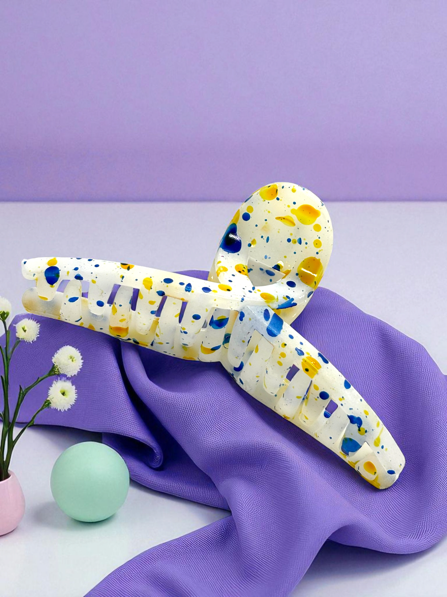 Blue & Yellow Paint Splatter Non-Slip Bended Korean Claw Clip