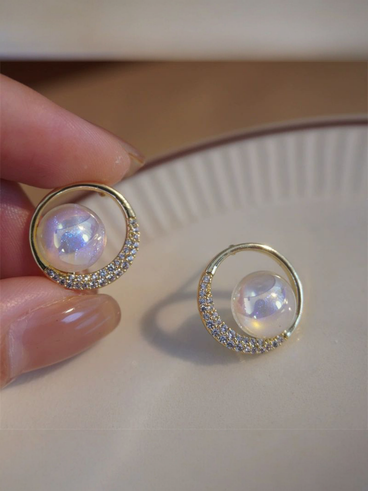 Opalescent Crescent Drops -  Korean Studs