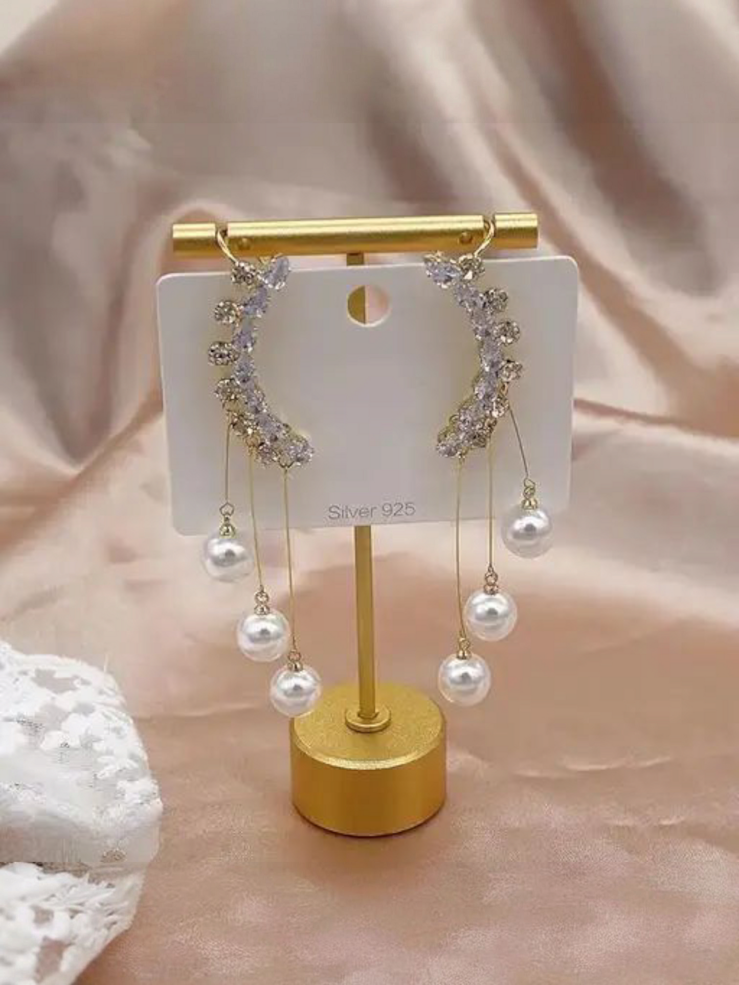 Cresent Moonlight Drops - Crystal and Pearl Korean Danglers