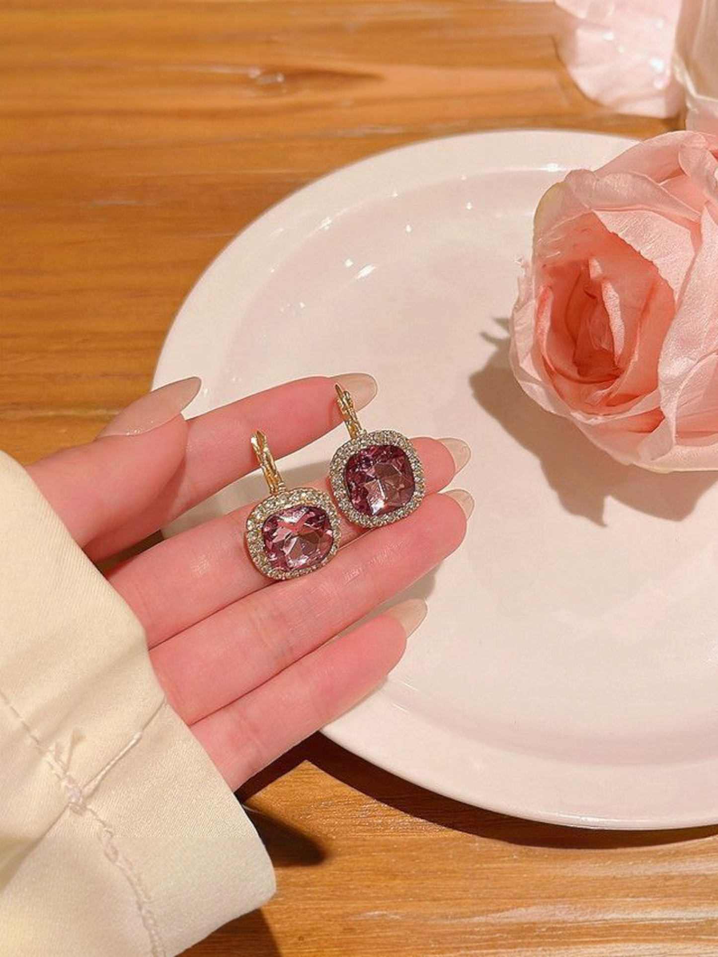 Crystal Rosette - Pink Diamond Cut Shimmering Korean Earrings