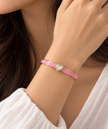 Pink Enamel Heart Bangle Bracelet with Pearl Inlay and Crystal Halo