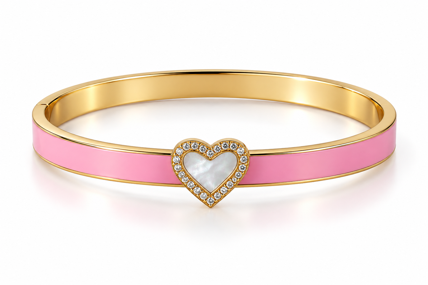 Pink Enamel Heart Bangle Bracelet with Pearl Inlay and Crystal Halo