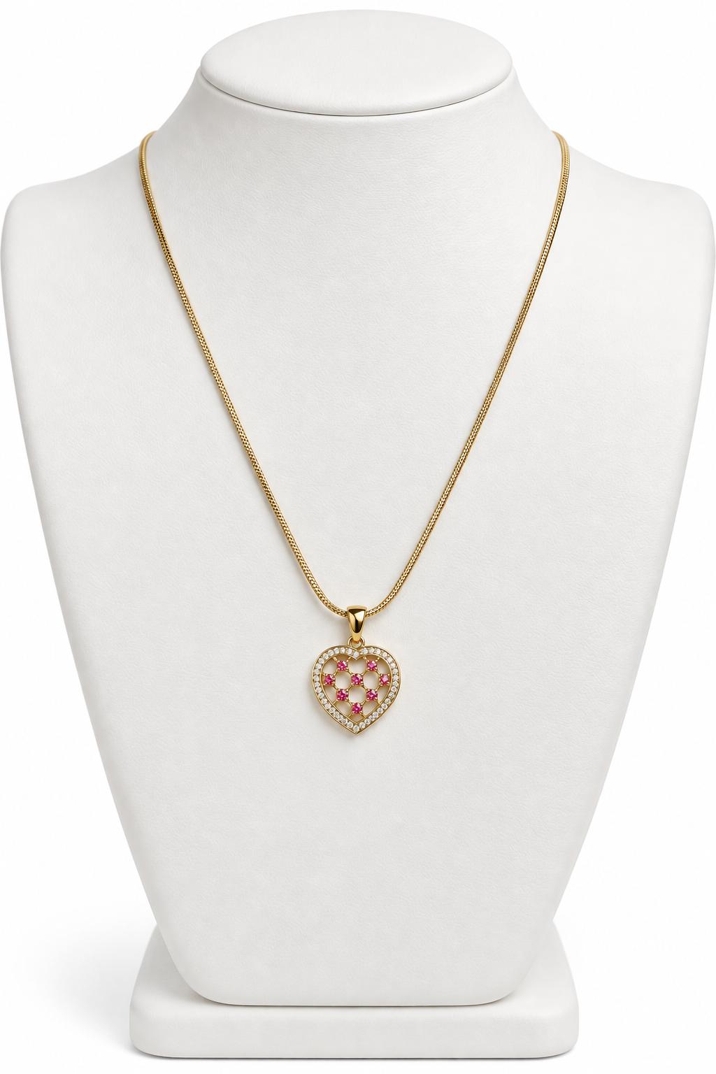 Gold-Tone Openwork Lattice Heart Pendant Necklace with Pink Accents