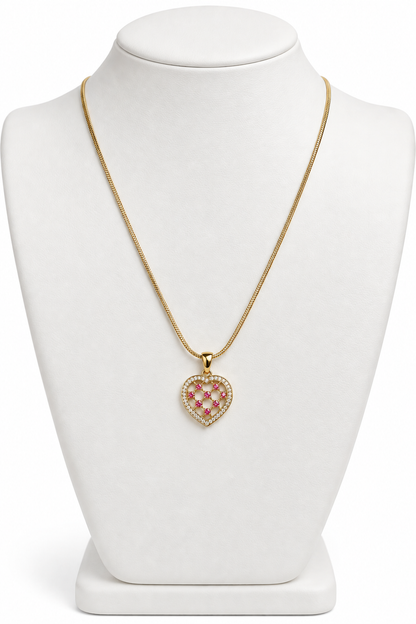 Gold-Tone Openwork Lattice Heart Pendant Necklace with Pink Accents