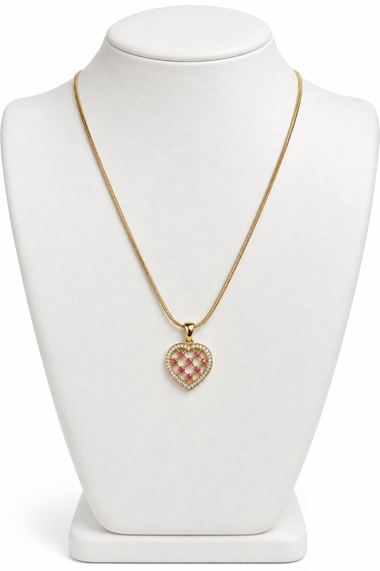 Gold-Tone Openwork Lattice Heart Pendant Necklace with Pink Accents