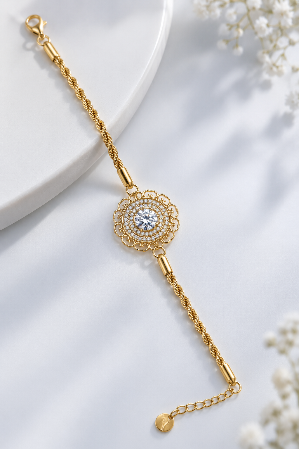 Vintage Filigree Clear Crystal Medallion Bracelet on Gold Twisted Rope Chain