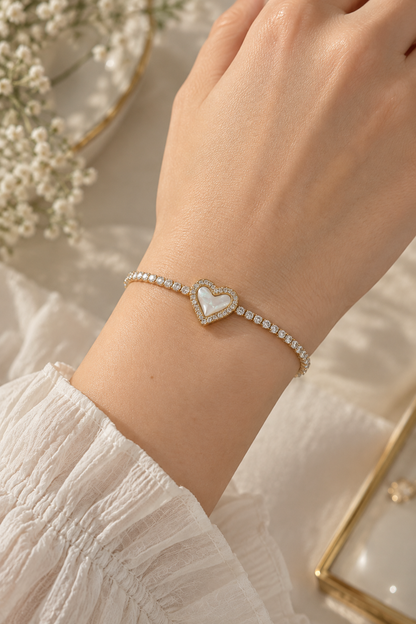 Golden Aurora Mother-of-Pearl Heart Tennis Bracelet