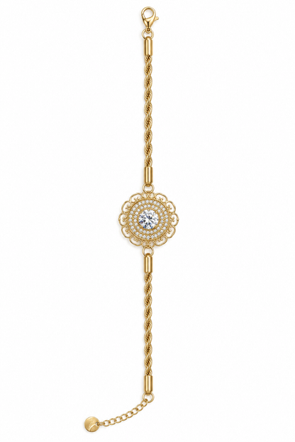Vintage Filigree Clear Crystal Medallion Bracelet on Gold Twisted Rope Chain