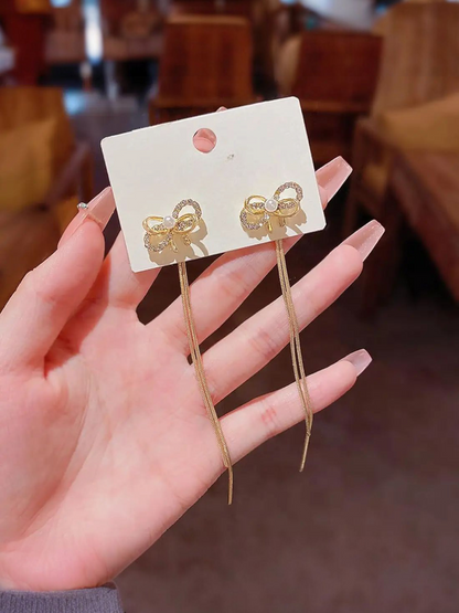 Golden Bow Tassels Korean Long Earrings