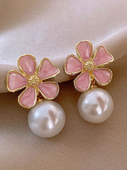Sakura Kisses - Blush Petals & Pearls Small Korean Earrings