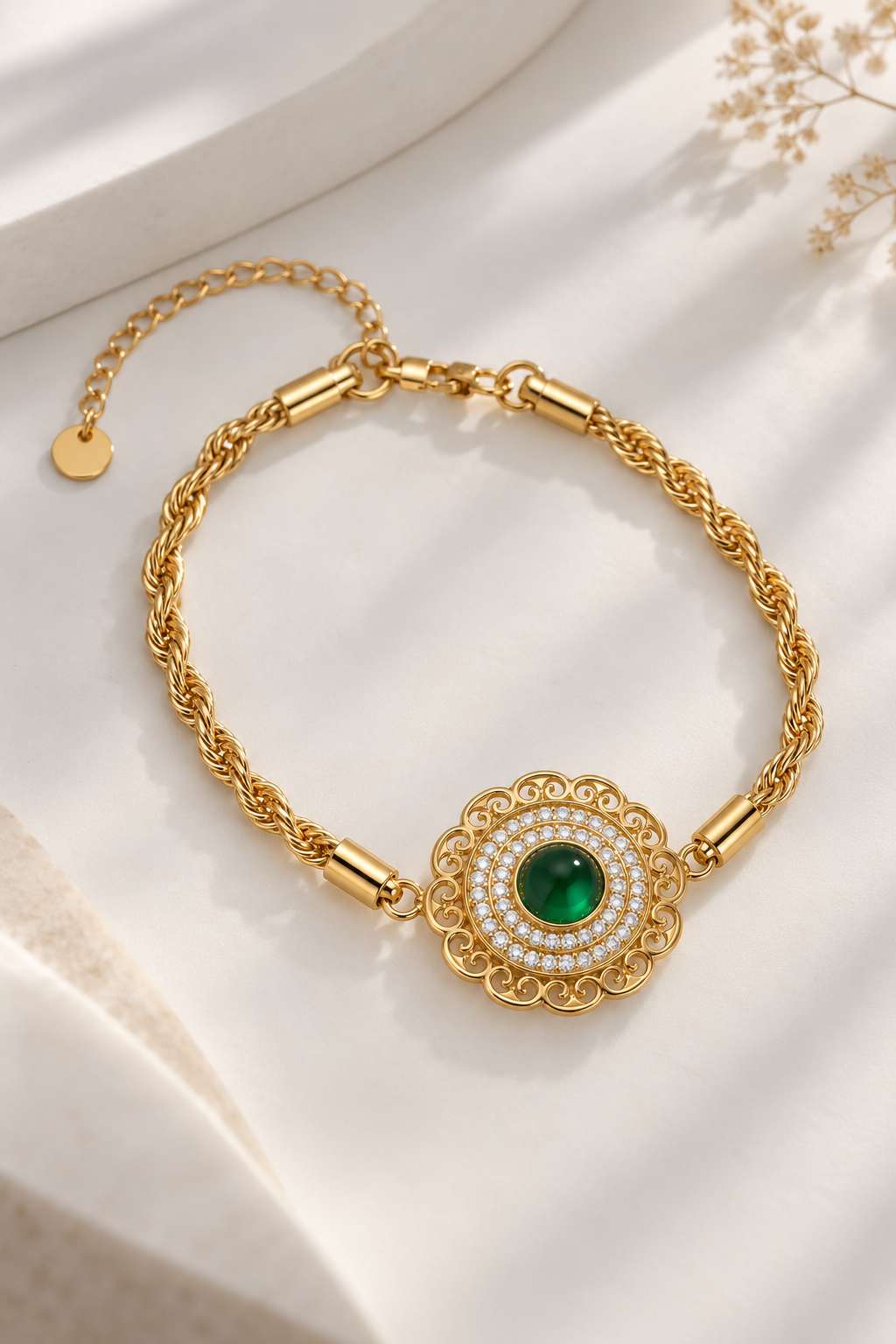 Vintage Filigree Emerald Green Cabochon Bracelet on Gold Twisted Rope Chain