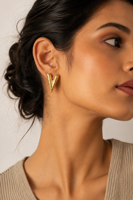 Veyrn — Sculpted Gold V Heart Anti Tarnish Earrings