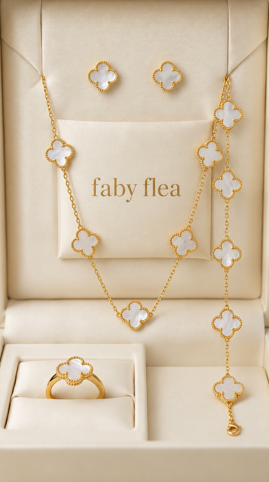 Clover Motif 4-Piece Jewelry Set: white And Gold-Tone Necklace, Bracelet, Earrings, and Ring Combo