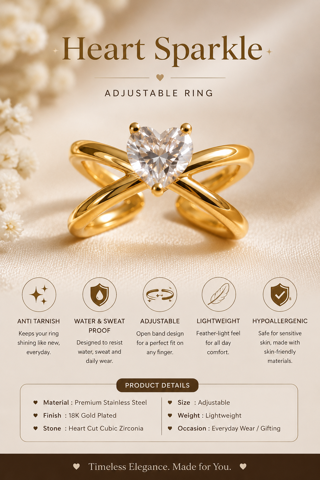 Heart Sparkle-Anti Tarnish Stainless Steel Finger Ring