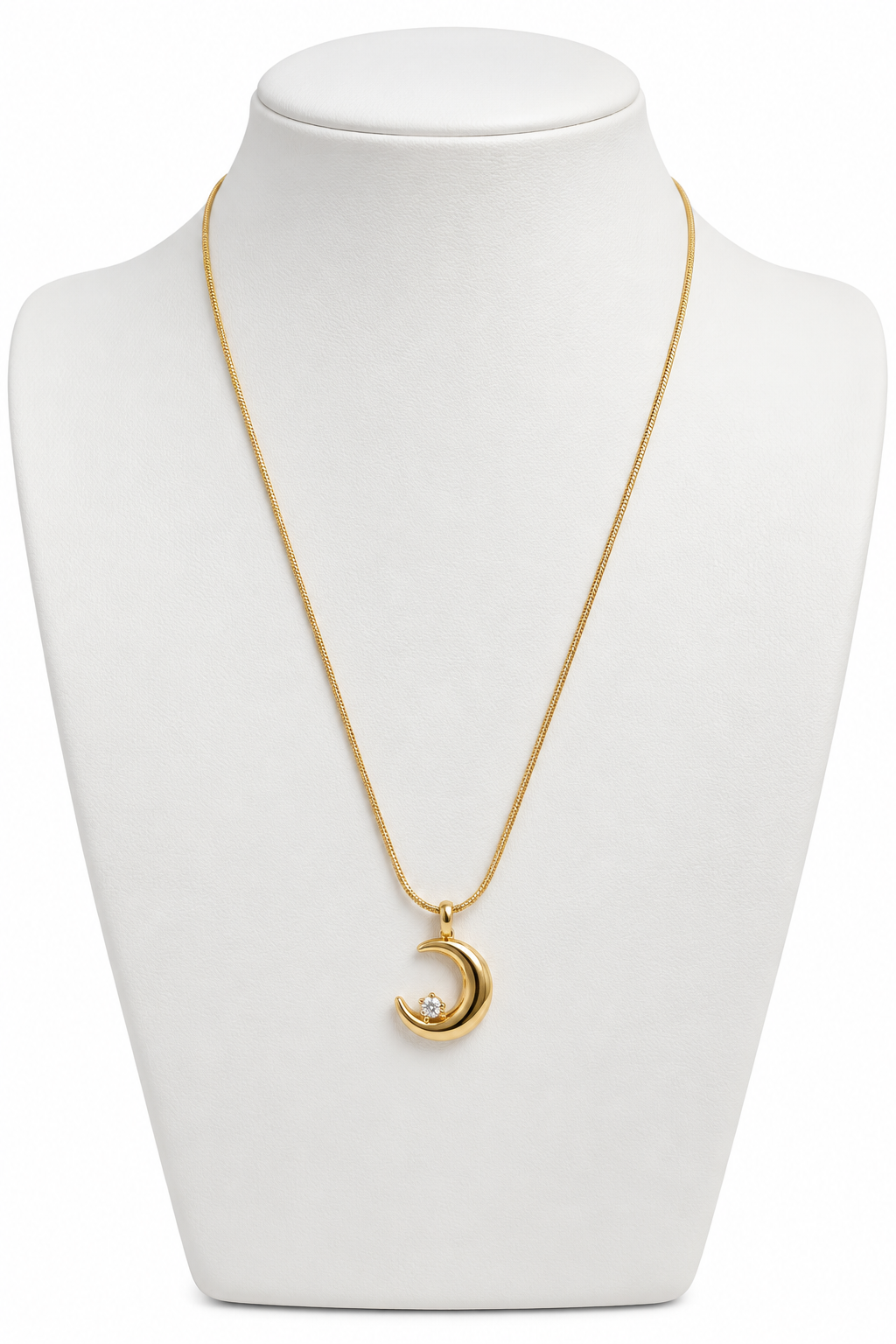 The Orbital Crescent Pendant — Polished Gold Moon Necklace with Solitaire Accent