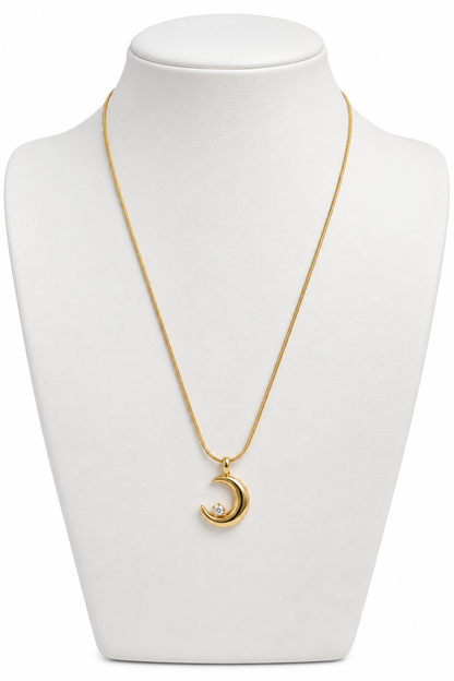 The Orbital Crescent Pendant — Polished Gold Moon Necklace with Solitaire Accent