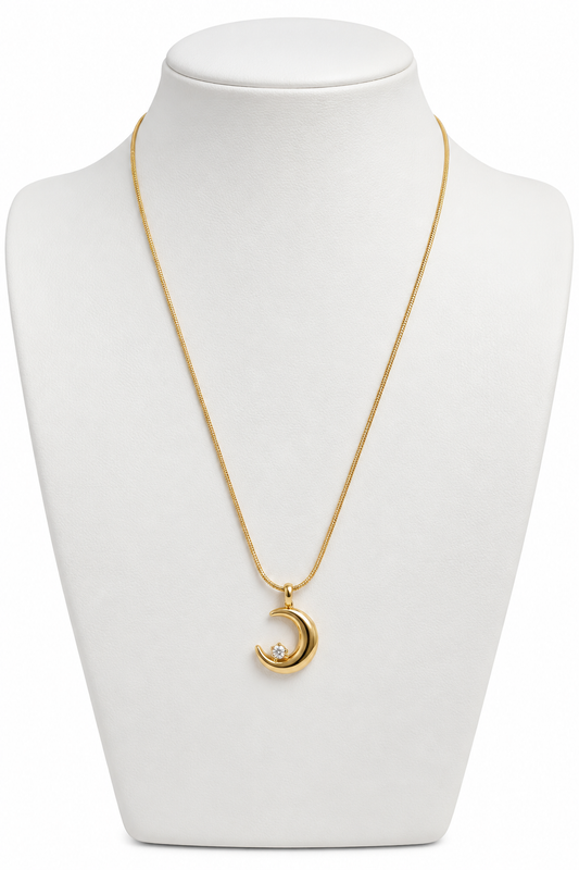 The Orbital Crescent Pendant — Polished Gold Moon Necklace with Solitaire Accent