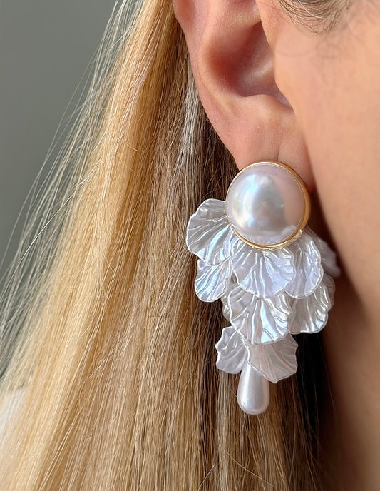 Pearly Moonlit Lagoon Cascade With Big Pearl Stud Korean Earrings