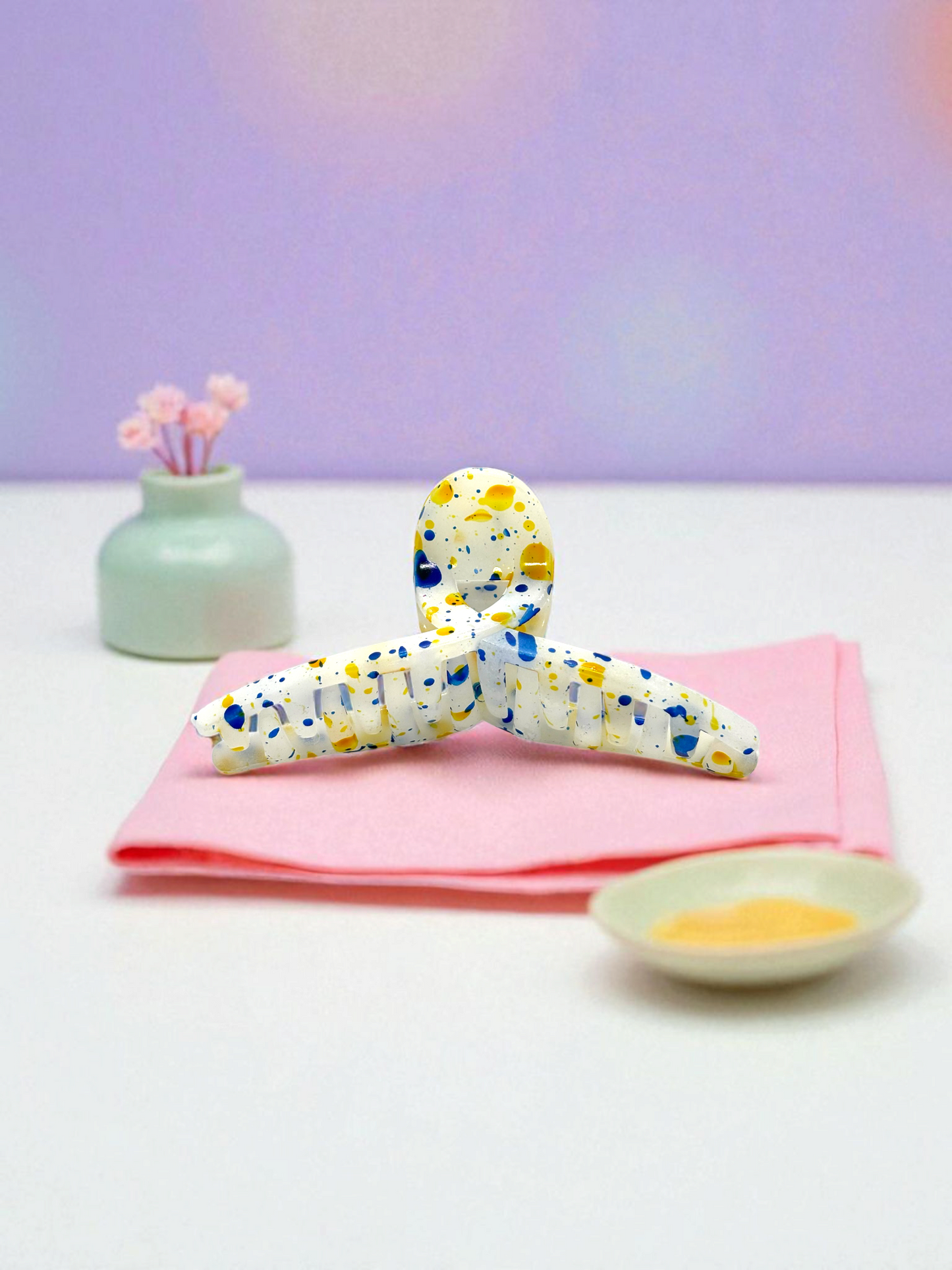 Blue & Yellow Paint Splatter Non-Slip Bended Korean Claw Clip