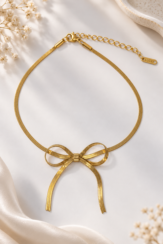 Herringbone Bow Bracelet - 18K Gold Plated Stainless Steel Anti Tarnish Snake Chain