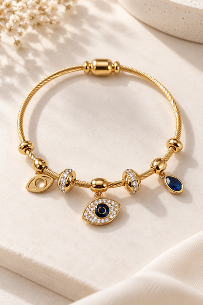 18K Gold-Tone Evil Eye Charm Bracelet with Blue Teardrop & Crystal Accents