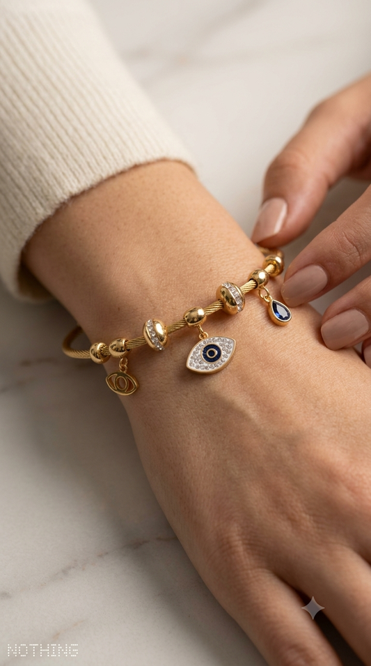 18K Gold-Tone Evil Eye Charm Bracelet with Blue Teardrop & Crystal Accents