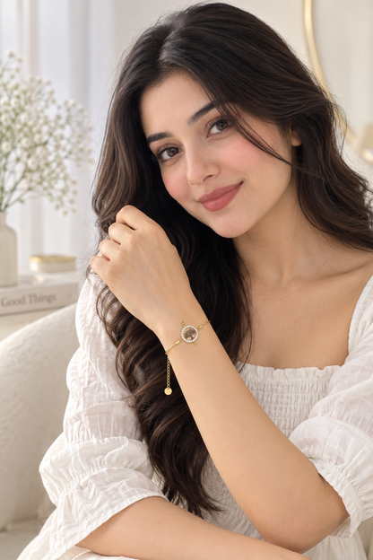 18K Gold-Tone Intricate Cut-Out Medallion Bracelet with Crystal Halo