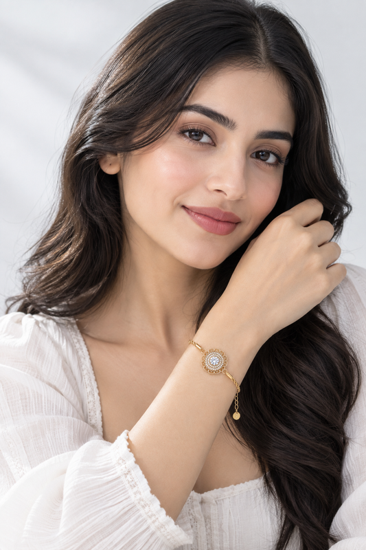 Vintage Filigree Clear Crystal Medallion Bracelet on Gold Twisted Rope Chain