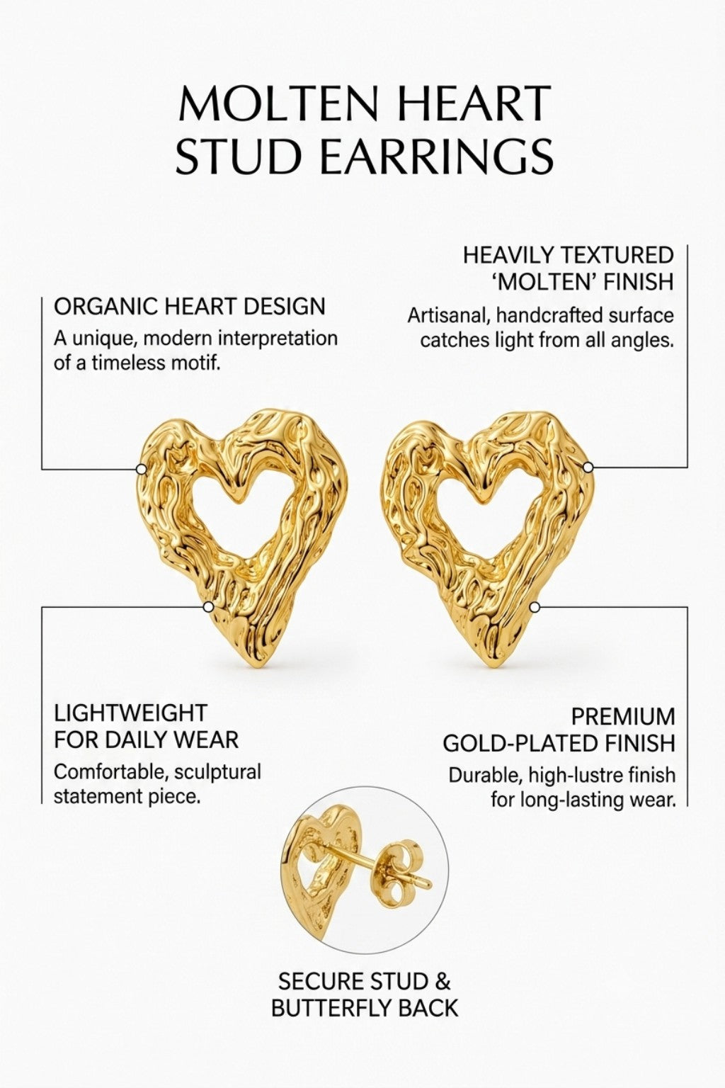 Molten Heart Studs- Anti Tarnish 18K gold plated Earrings